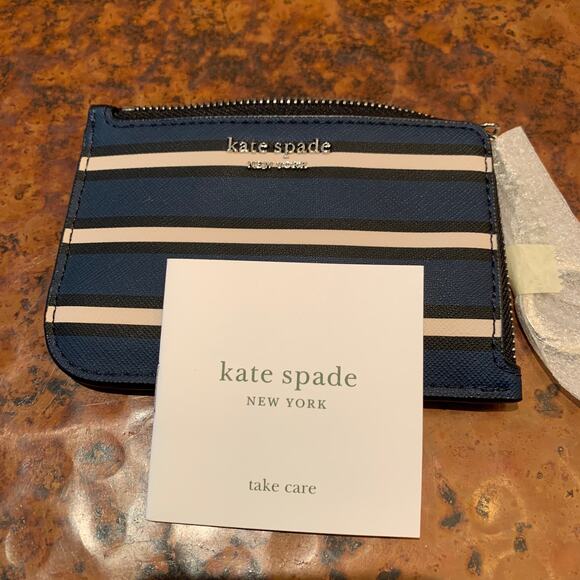 NWT Kate Spade Navy/Cream Stripe Leather Cameron York Medium L-Zip Wallet - Picture 7 of 10